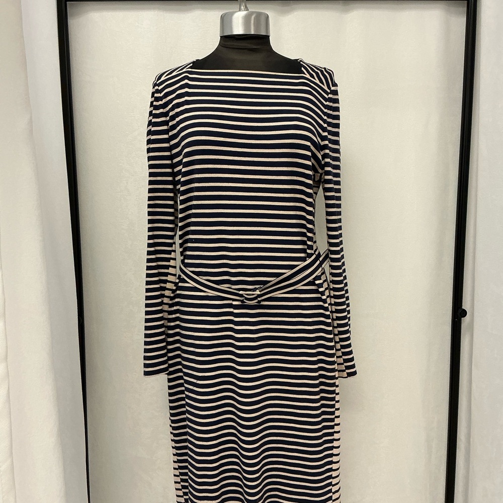 Tory Burch Navy and Cream Striped Long Sleeve Dress